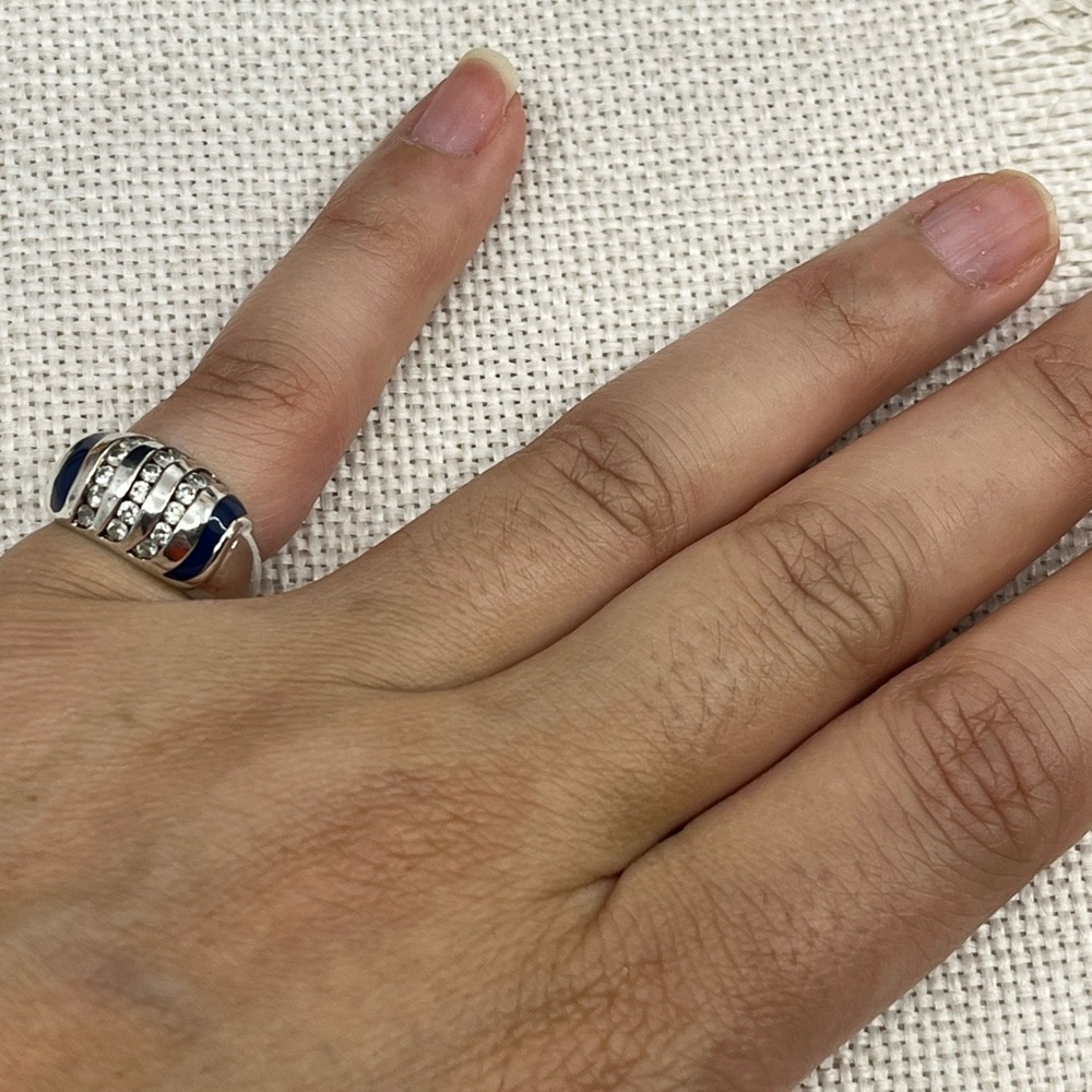 Vintage Sterling Silver Wide Band Ring with Enamel & CZ Accents Size 4.75 - Picture 10 of 16